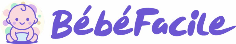 Logo BébéFacile en violet avec une illustration d’un bébé souriant assis, entouré de pastilles colorées, suivi du nom “BébéFacile” en typographie manuscrite