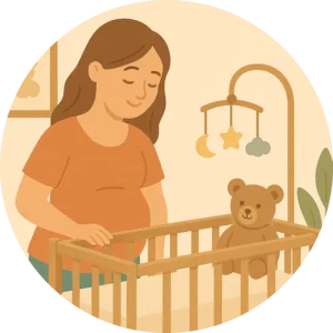 Femme enceinte préparant le lit du bébé dans une chambre chaleureuse avec un ours en peluche.