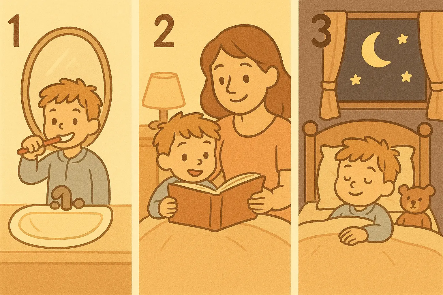 Illustration en trois étapes de la routine du soir avec un enfant : 1. Se brosser les dents, 2. Lire une histoire avec un parent, 3. S'endormir paisiblement