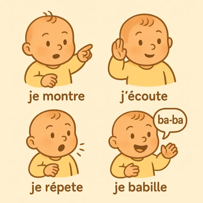Infographie illustrant les étapes de communication chez un bébé de 6 à 12 mois : il montre du doigt, écoute, répète et babille