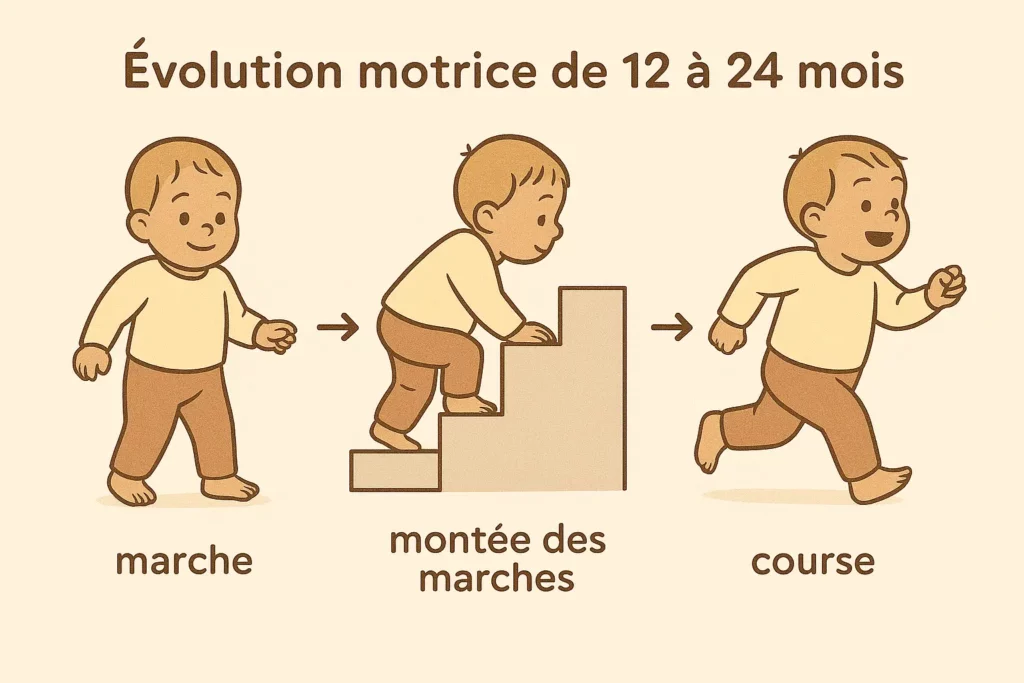 Évolution motrice d’un enfant entre 12 et 24 mois : marche, montée des marches, course