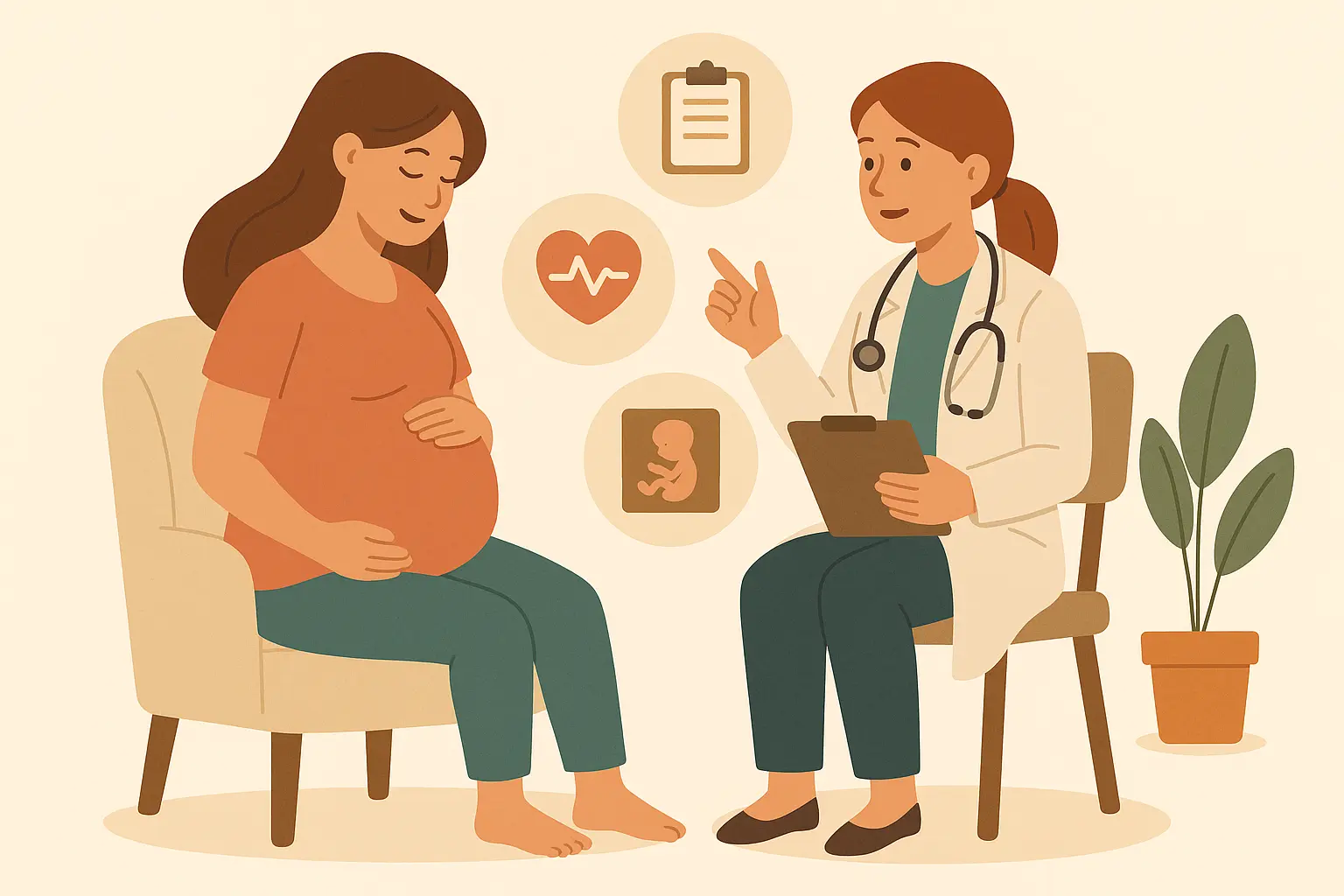 Illustration d’une femme enceinte en consultation avec un professionnel de santé. L’image représente un suivi médical de grossesse avec des symboles de bilan, fréquence cardiaque et échographie fœtale