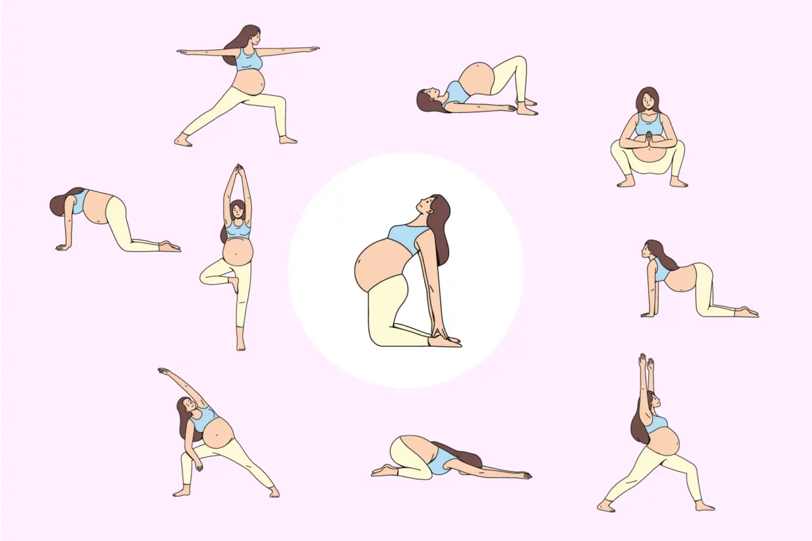 Illustration de femme enceinte pratiquant le yoga prénatal avec des postures douces adaptées à la grossesse