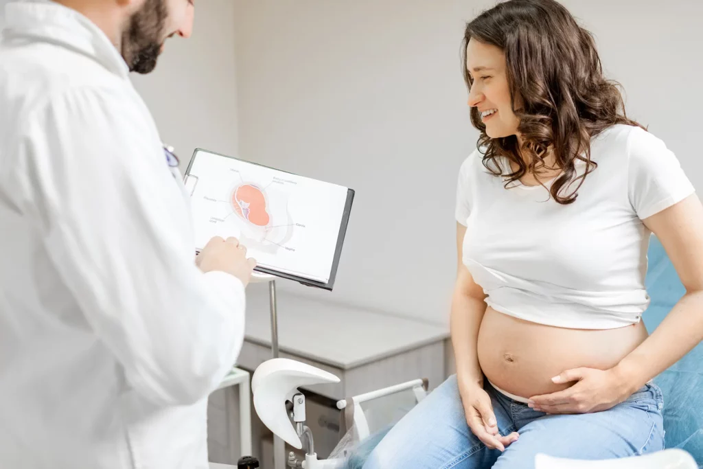 Femme enceinte souriante lors d’une consultation médicale avec un professionnel de santé montrant un schéma de grossesse