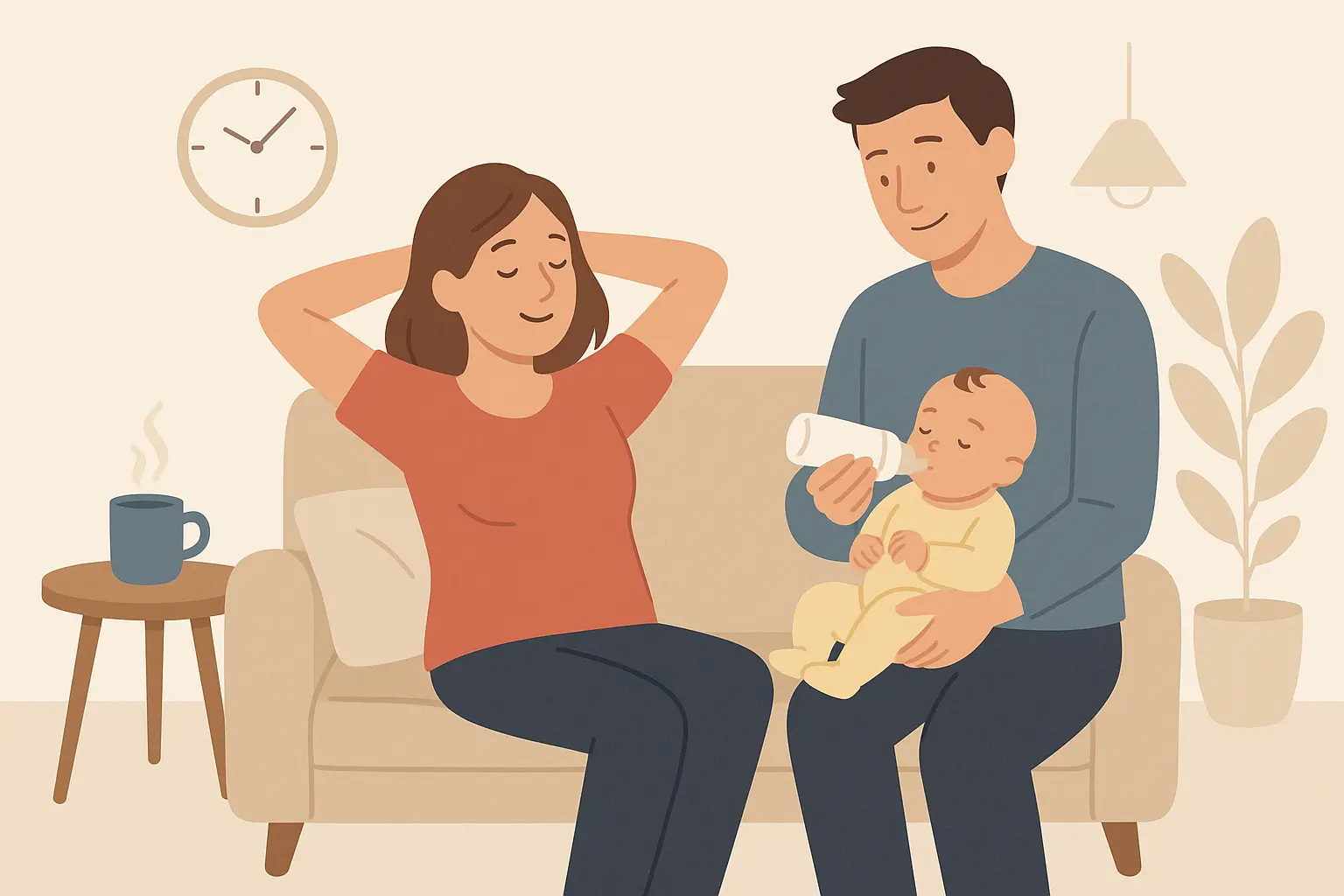 Illustration d’un père donnant le biberon à son bébé pendant que la mère se repose, symbolisant le rôle du partenaire dans la parentalité
