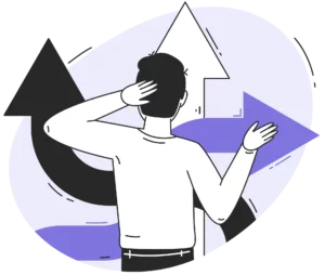 Illustration d’un parent confus face à plusieurs directions symbolisées par des flèches