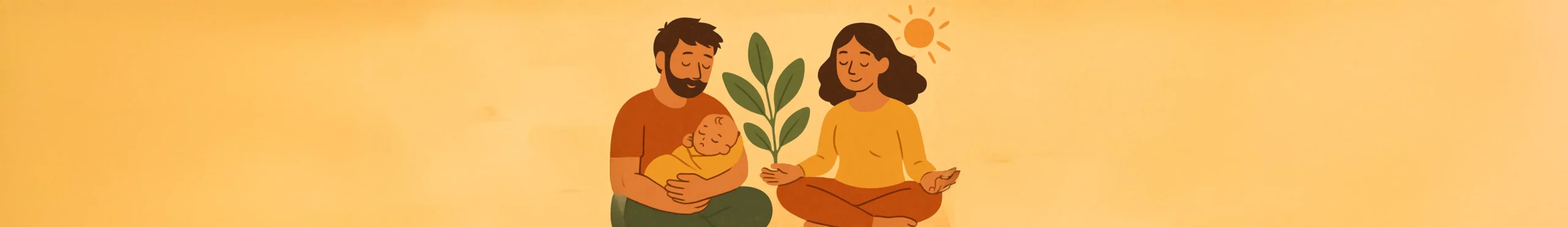 Illustration d’une famille sereine avec un père tenant un bébé et une mère méditant, symbolisant l’équilibre familial