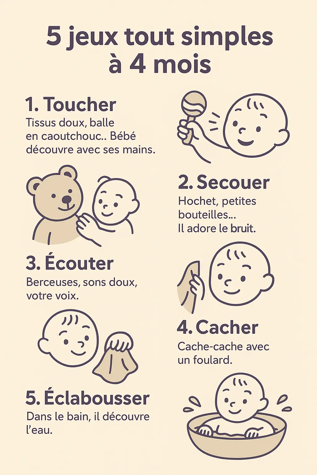 Infographie présentant 5 jeux adaptés aux bébés de 4 mois : toucher des textures, secouer un hochet, écouter des sons doux, jouer à cache-cache avec un foulard, et éclabousser dans le bain