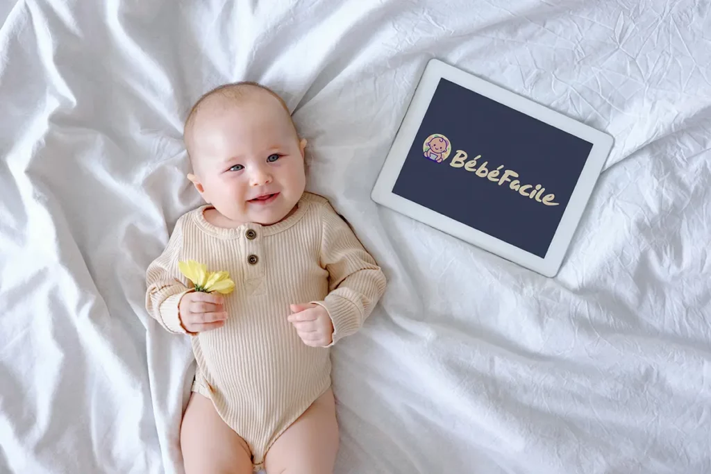 Bébé allongé sur un lit tenant une fleur à côté d’une tablette affichant BébéFacile