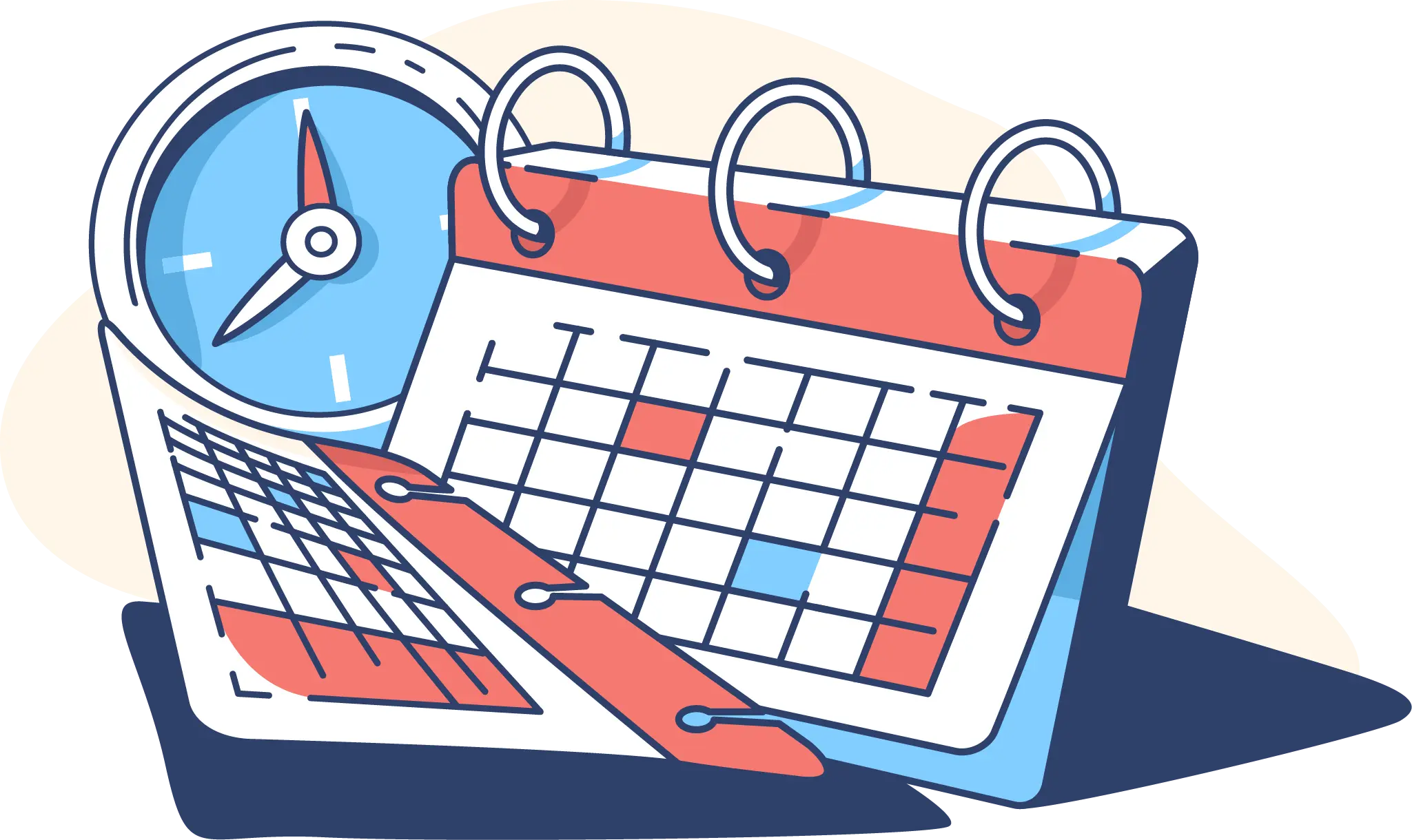 Calendrier Illustration colorée d’un calendrier sur chevalet avec une horloge en arrière-plan, symbolisant la gestion du temps et la planification des journées à venir
