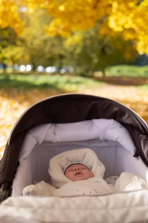 Bébé emmitouflé dormant dans une poussette lors d’une promenade automnale