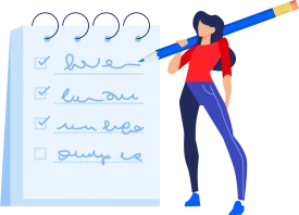 Femme qui coche une liste Illustration d’une femme tenant un grand crayon bleu et cochant des cases sur un carnet à spirale bleu clair avec plusieurs lignes écrites