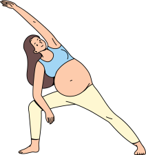 Position étirement latéral (Utthita Parsvakonasana), yoga prénatal Illustration d’une femme enceinte en posture d’étirement latéral (Utthita Parsvakonasana), adaptée au yoga prénatal