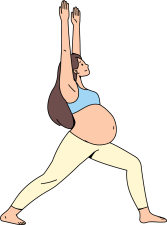 Position fente haute avec les bras levés, yoga prénatal Illustration d’une femme enceinte en position de fente haute avec les bras levés, adaptée au yoga prénatal