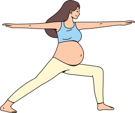 Position du guerrier II, yoga prénatal Illustration d’une femme enceinte en posture du guerrier II (Virabhadrasana II), adaptée au yoga prénatal