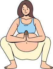 Position Malasana, yoga prénatal Illustration d’une femme enceinte en position Malasana (posture de la guirlande), yoga prénatal
