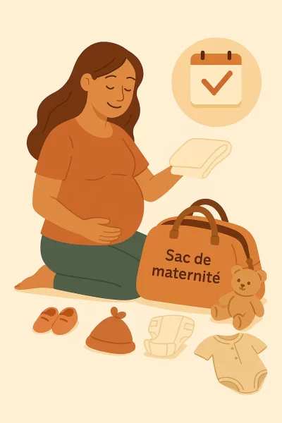 Préparation du sac de maternité Illustration d’une femme enceinte préparant son sac de maternité avec vêtements, couches et peluches