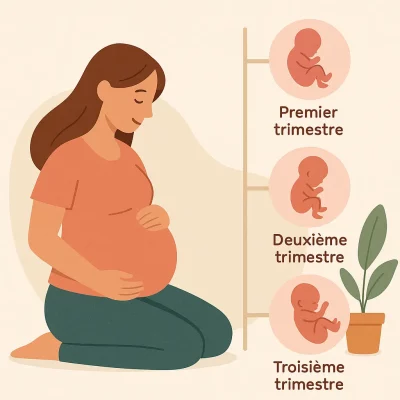 Suivre l’évolution de la grossesse de bébé Illustration d'une femme enceinte suivant l'évolution de sa grossesse par trimestre : premier, deuxième et troisième, avec représentation du développement du fœtus.