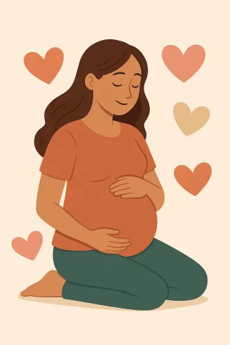 Vivre sa grossesse avec ses émotions Illustration d’une femme enceinte assise au sol, les mains sur son ventre arrondi, entourée de cœurs symbolisant les émotions pendant la grossesse.
